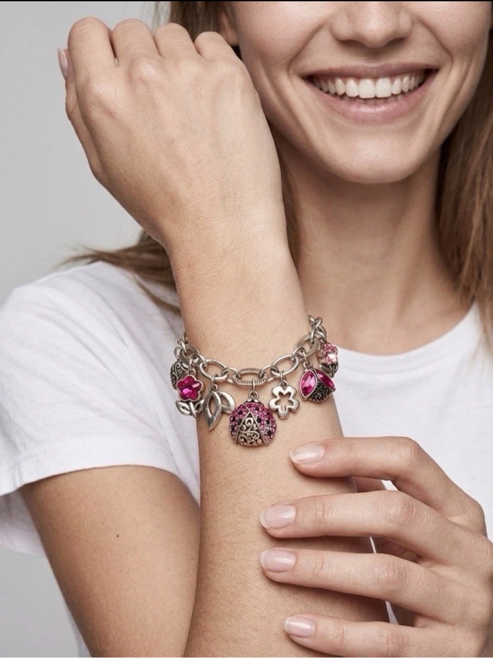 💕🐞SUPER RARE BRIGHTON VTG+ SLVR SWAROVSKI CRYSTAL Pink Ladybug Bracelet! RETIRED